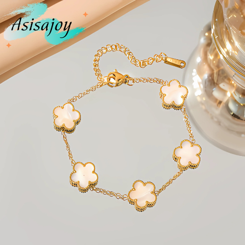 Essence - Pulsera floral en acero inoxidable y chapado en oro de 18k